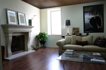 Installed stone mantel.