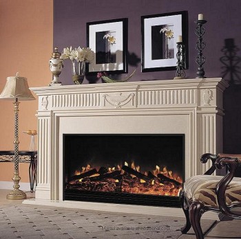 Our 88" Birmingham Mantel package, in polished Royal Botticino, includes a 58" Electric Fireplace for a grand focal point.  Shown in Royale Botticino ivory and light beige