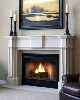 Beautifully crafted bold stone custom fireplace mantel.