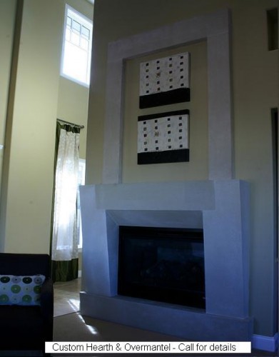 Lightweight, modern styling featured in this stone mantel, with a custom overmantel