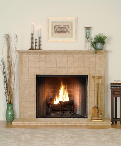 Attention to fine Italian styling marks this cast stone mantel.  Hearth included.